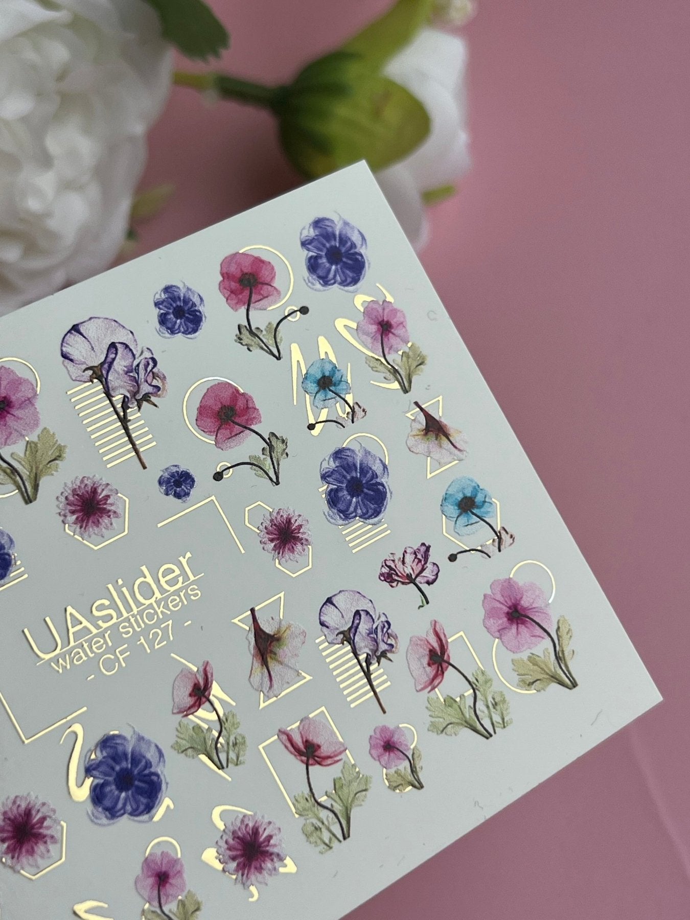 Nail Water Decal CF-127 | Floral Nail Water Decals | Pink, Blue & Purple Flowers with Geometric Gold Accents - UASLIDER