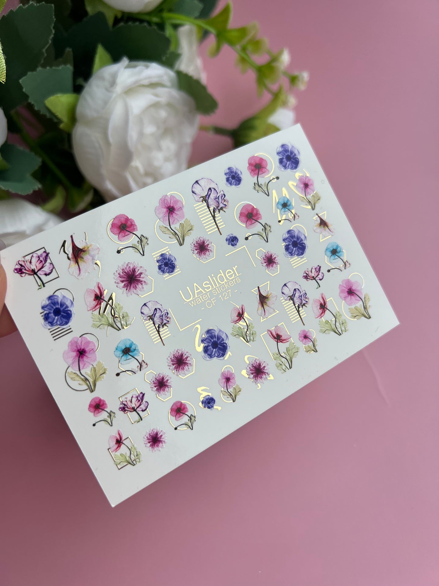 Nail Water Decal CF-127 | Floral Nail Water Decals | Pink, Blue & Purple Flowers with Geometric Gold Accents