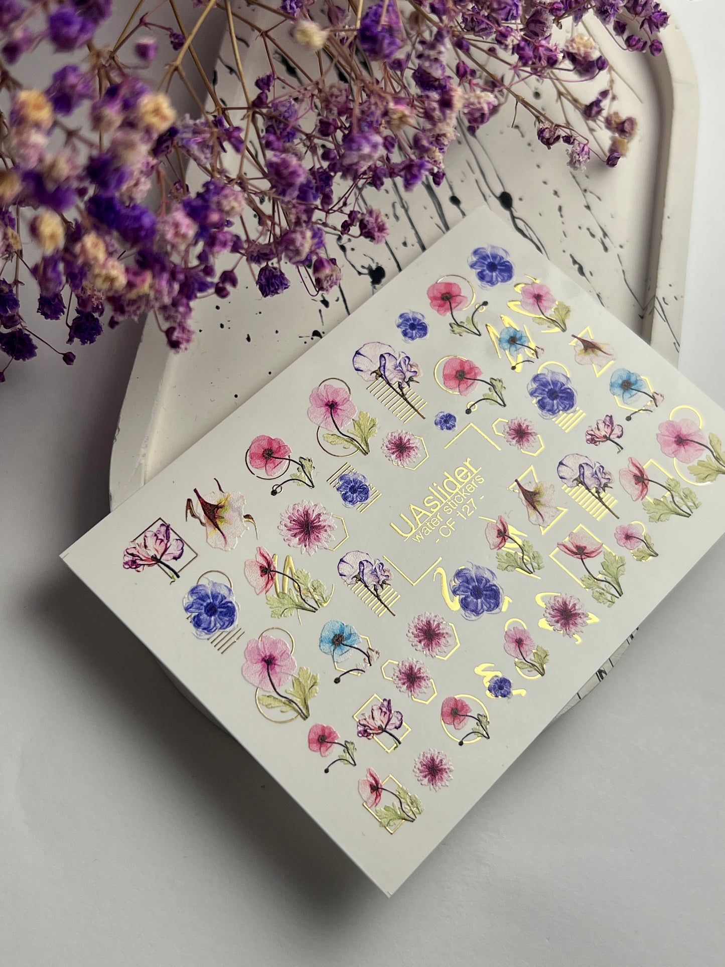 Nail Water Decal CF-127 | Floral Nail Water Decals | Pink, Blue & Purple Flowers with Geometric Gold Accents