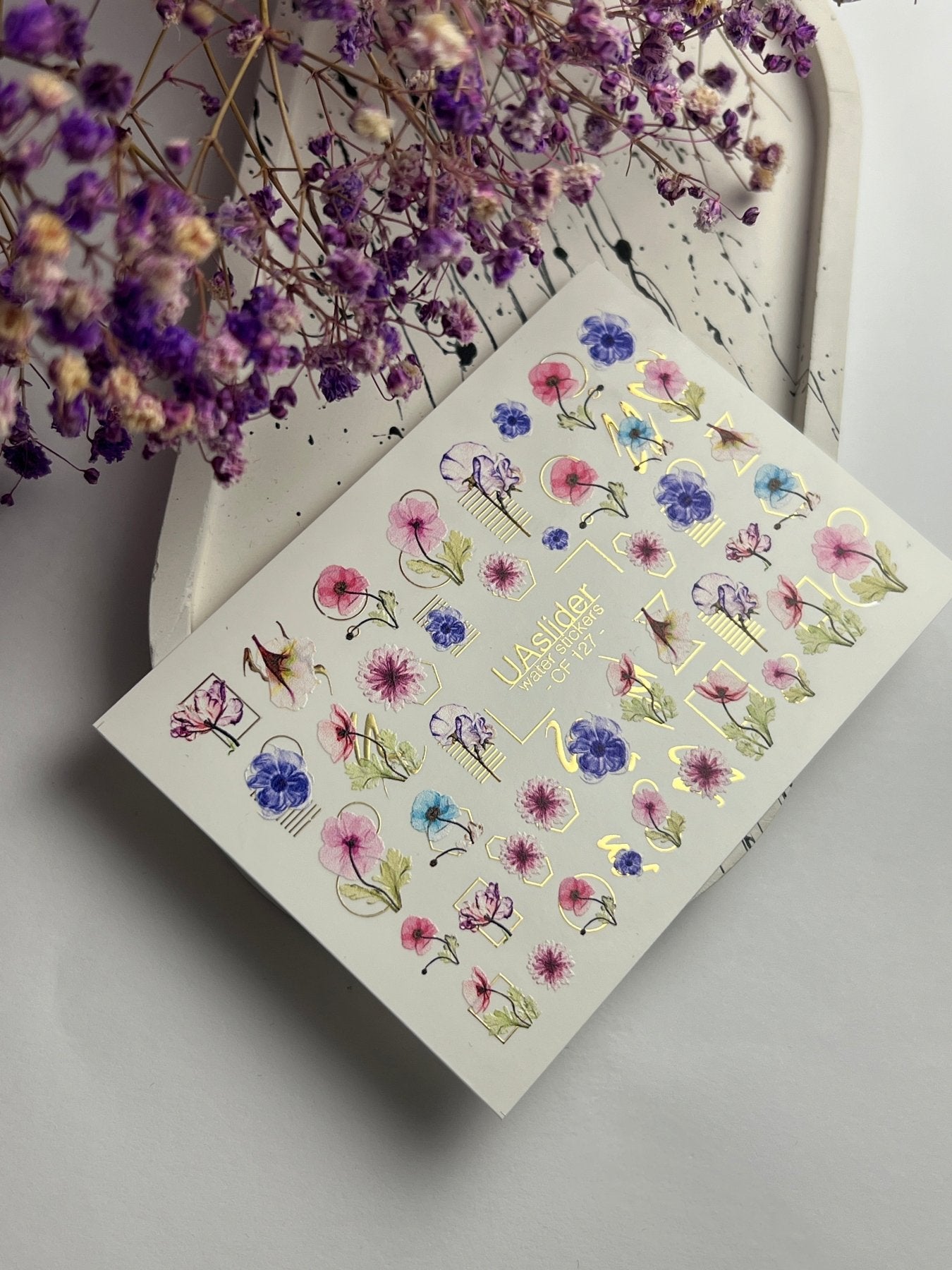 Nail Water Decal CF-127 | Floral Nail Water Decals | Pink, Blue & Purple Flowers with Geometric Gold Accents - UASLIDER