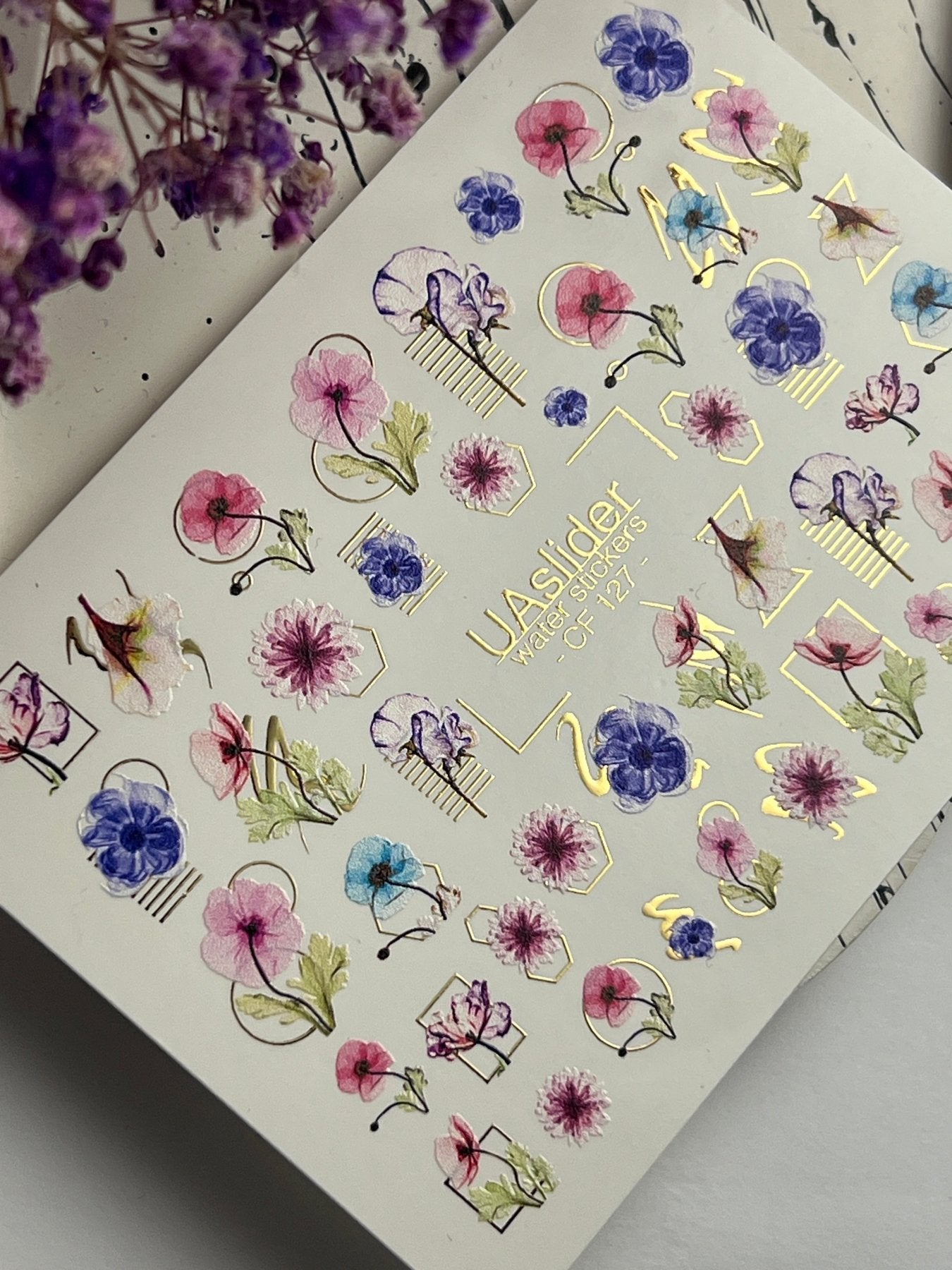 Nail Water Decal CF-127 | Floral Nail Water Decals | Pink, Blue & Purple Flowers with Geometric Gold Accents - UASLIDER