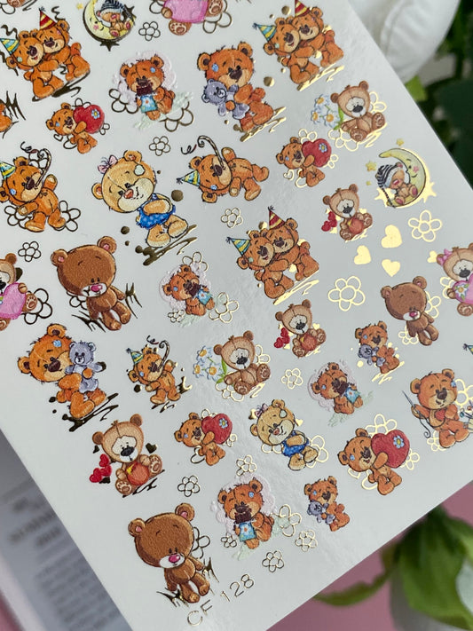 Nail Water Decal CF-128 | Cute Bear Nail Water Decals | Teddy Bears with Hearts, Gifts & Balloons
