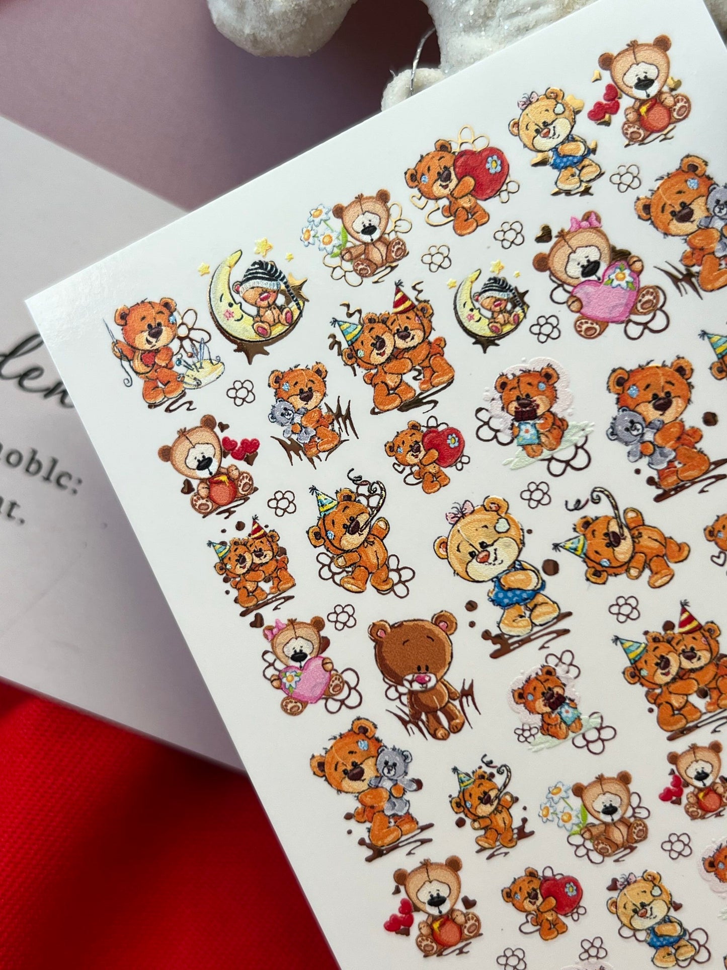 ملصق ماء للأظافر CF-128 | ملصقات ماء للأظافر دب لطيف | دببة تيدي مع قلوب، هدايا و بالونات