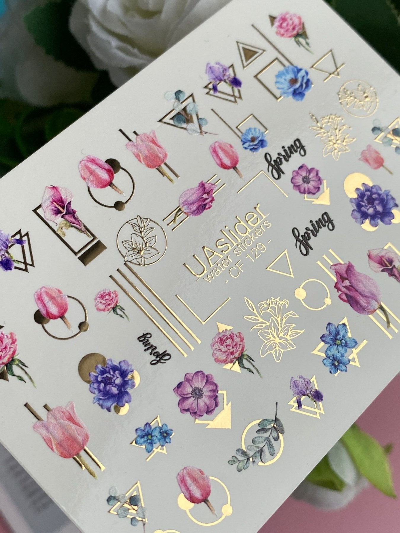 Nail Water Decal CF-129 | Floral Water Slide Nail Decals | Tulips, Peonies & Spring Flowers with Geometric Accents - UASLIDER