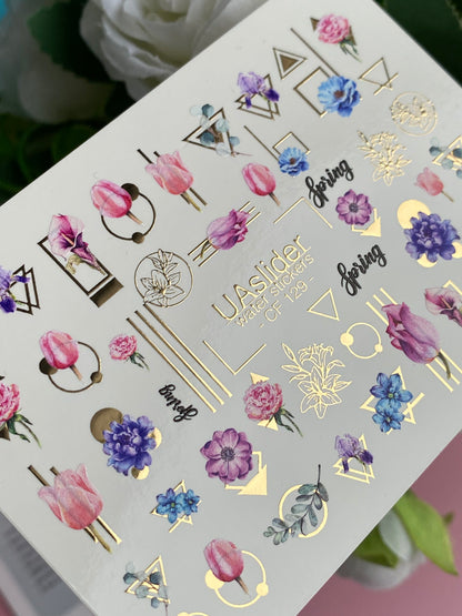 Nail Water Decal CF-129 | Floral Water Slide Nail Decals | Tulips, Peonies & Spring Flowers with Geometric Accents