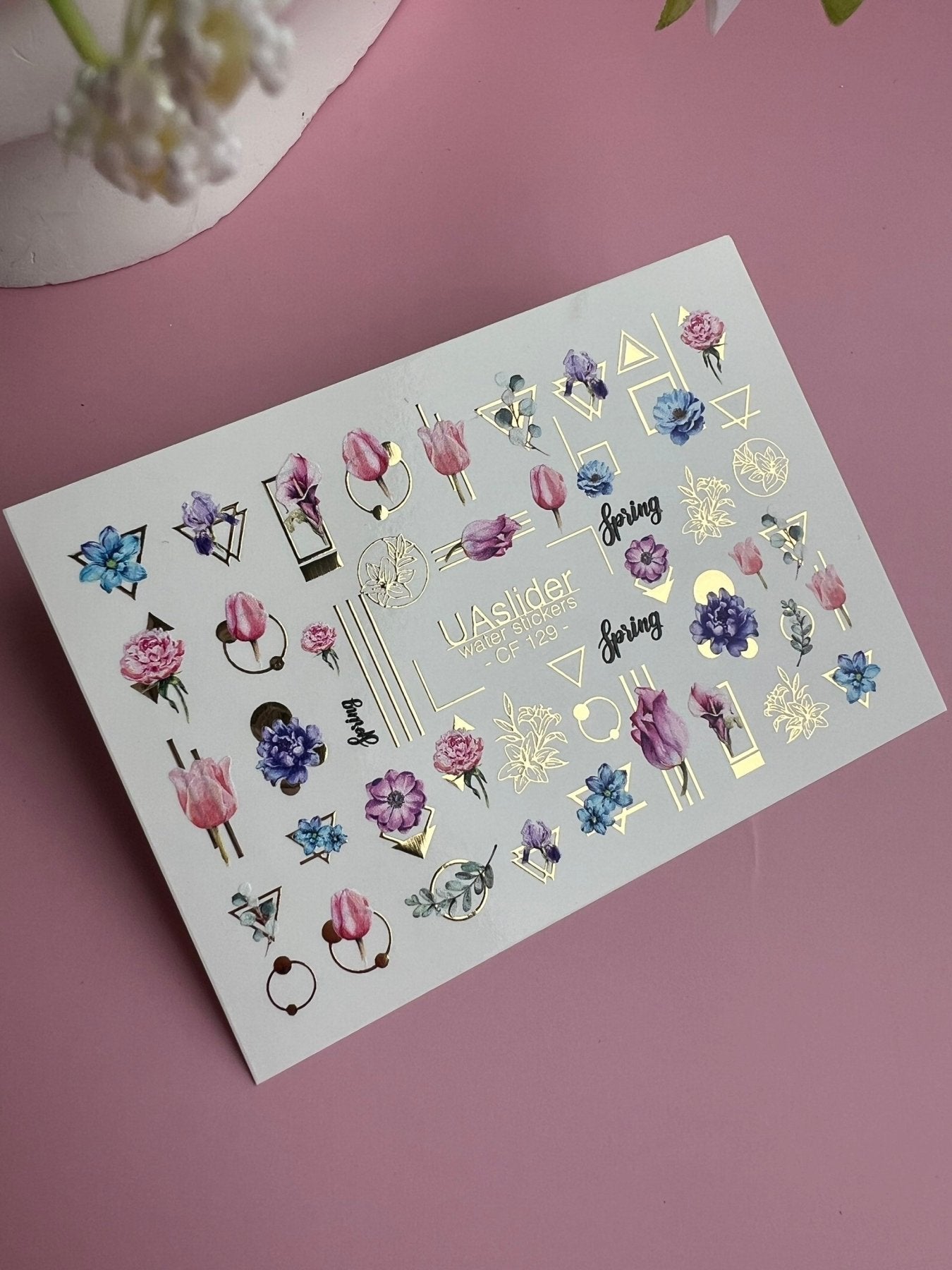 Nail Water Decal CF-129 | Floral Water Slide Nail Decals | Tulips, Peonies & Spring Flowers with Geometric Accents - UASLIDER