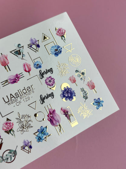 Nail Water Decal CF-129 | Floral Water Slide Nail Decals | Tulips, Peonies & Spring Flowers with Geometric Accents