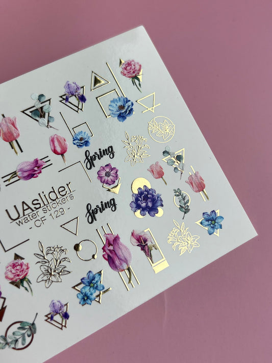 Nail Water Decal CF-129 | Floral Water Slide Nail Decals | Tulips, Peonies & Spring Flowers with Geometric Accents