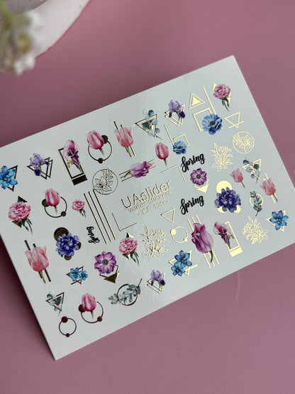 Nail Water Decal CF-129 | Floral Water Slide Nail Decals | Tulips, Peonies & Spring Flowers with Geometric Accents