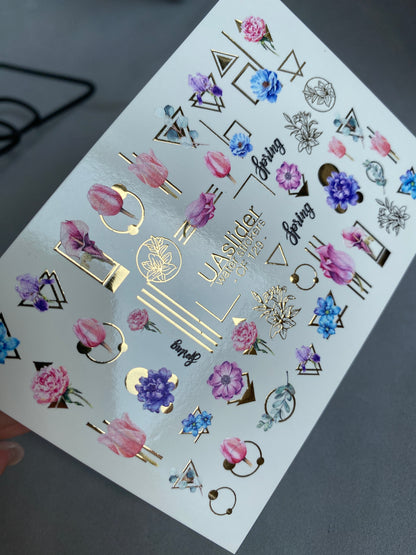 Nail Water Decal CF-129 | Floral Water Slide Nail Decals | Tulips, Peonies & Spring Flowers with Geometric Accents