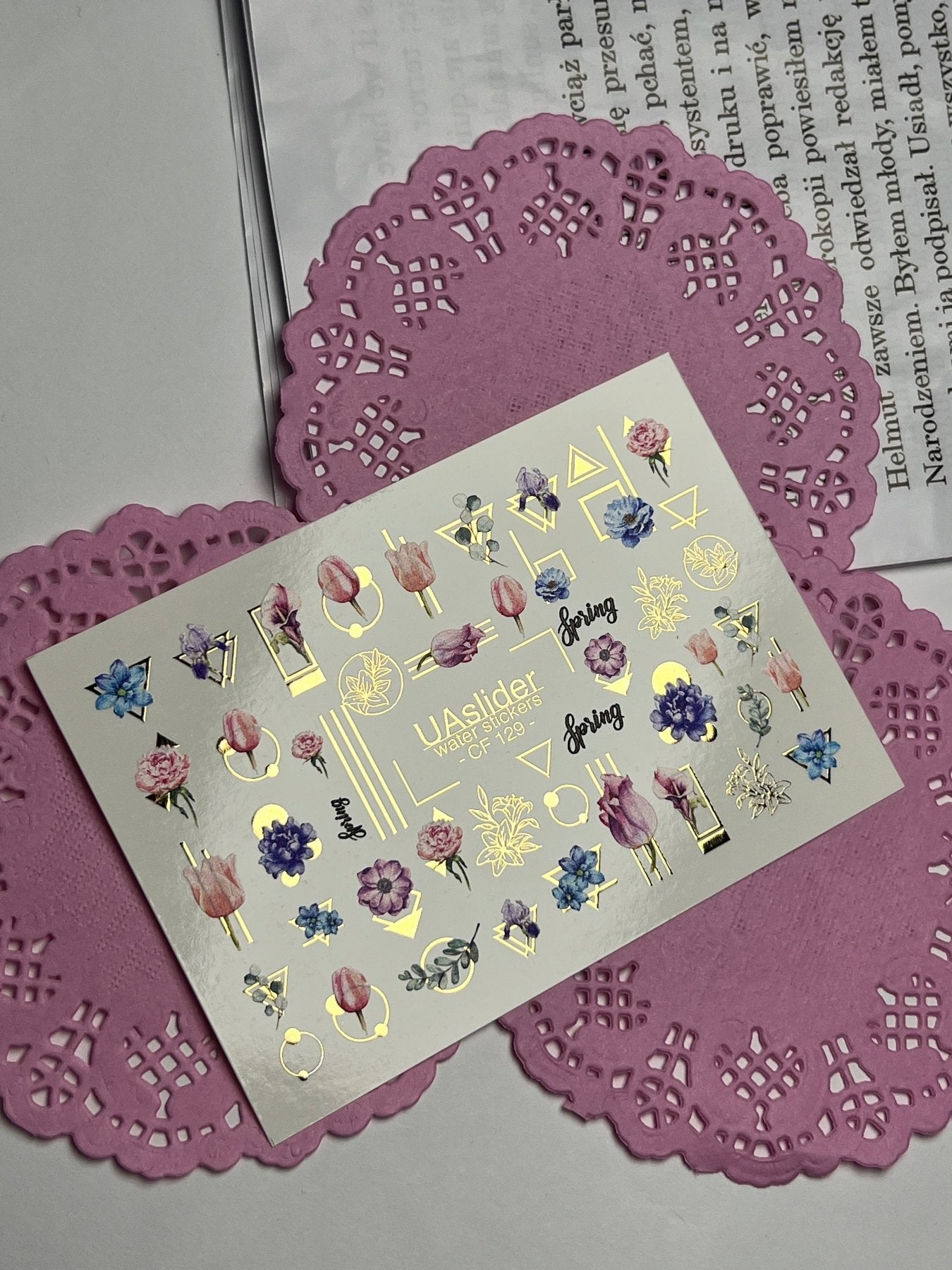 Nail Water Decal CF-129 | Floral Water Slide Nail Decals | Tulips, Peonies & Spring Flowers with Geometric Accents - UASLIDER
