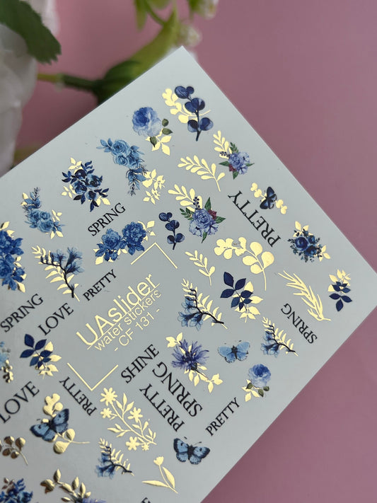 Nail Water Decal CF-131 | Floral Water Slide Nail Decals | Blue Cornflowers, Wildflowers & Butterflies