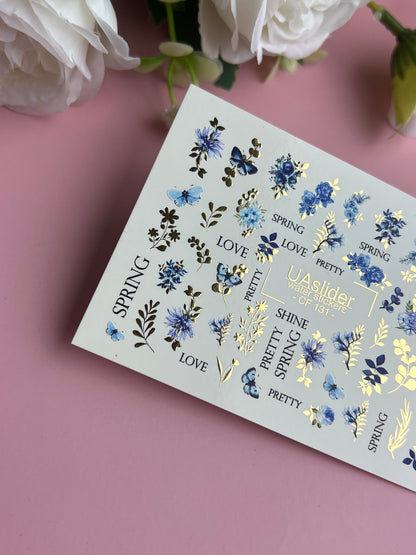 Nail Water Decal CF-131 | Floral Water Slide Nail Decals | Blue Cornflowers, Wildflowers & Butterflies