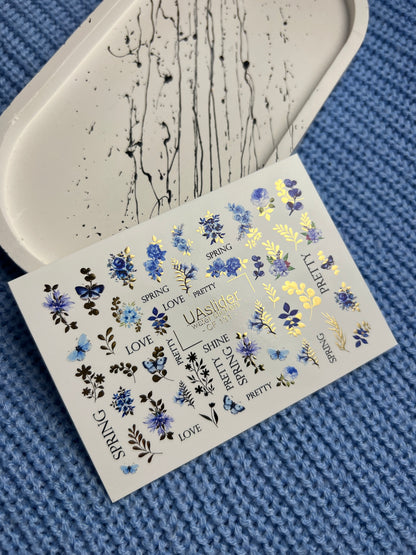 Nail Water Decal CF-131 | Floral Water Slide Nail Decals | Blue Cornflowers, Wildflowers & Butterflies