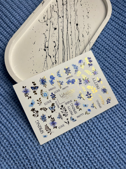 Nail Water Decal CF-131 | Floral Water Slide Nail Decals | Blue Cornflowers, Wildflowers & Butterflies