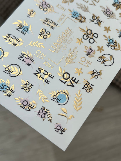 Nail Water Decal CF-132 | Minimalist Water Slide Nail Decals | Words, Quotes & Gold Leaf Accents