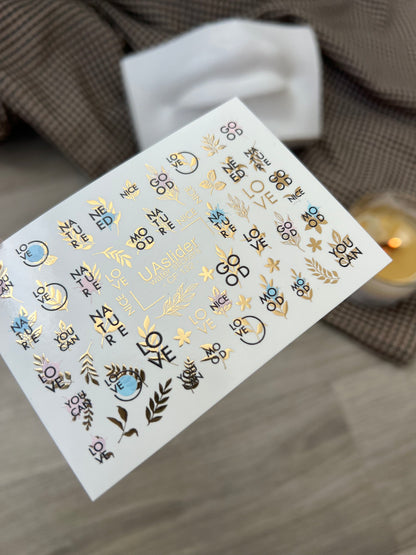 Nail Water Decal CF-132 | Minimalist Water Slide Nail Decals | Words, Quotes & Gold Leaf Accents