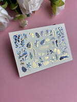 Nail Water Decal CF-134 | Blue Leaf Water Slide Nail Decals | Gold Foil Botanical Design - UASLIDER