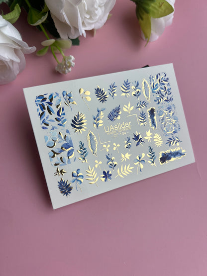 Nail Water Decal CF-134 | Blue Leaf Water Slide Nail Decals | Gold Foil Botanical Design