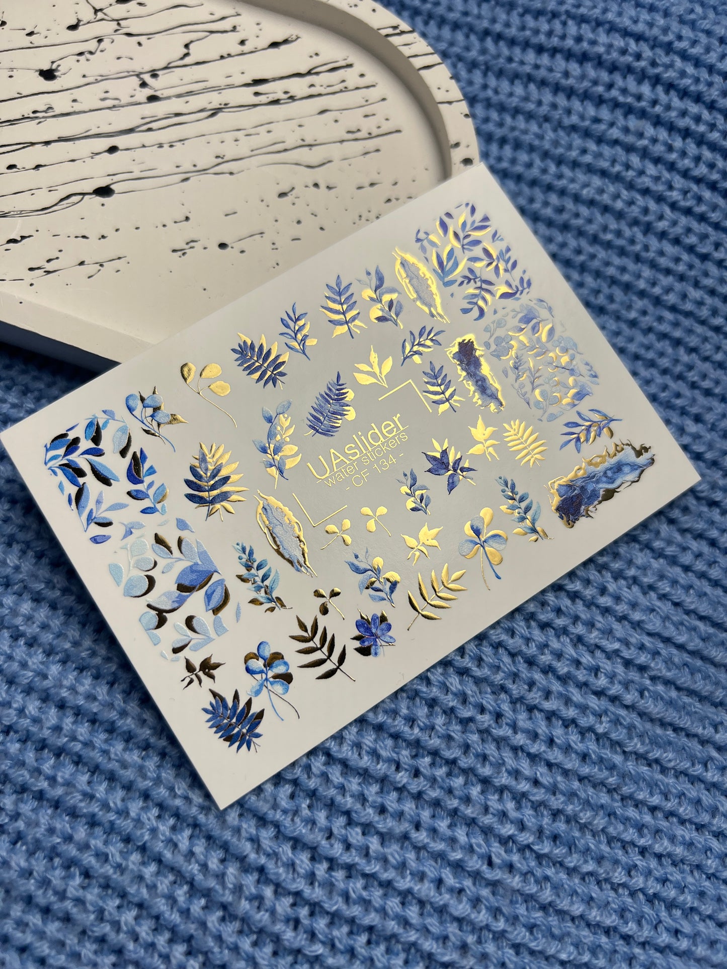 Nail Water Decal CF-134 | Blue Leaf Water Slide Nail Decals | Gold Foil Botanical Design