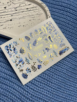 Nail Water Decal CF-134 | Blue Leaf Water Slide Nail Decals | Gold Foil Botanical Design - UASLIDER