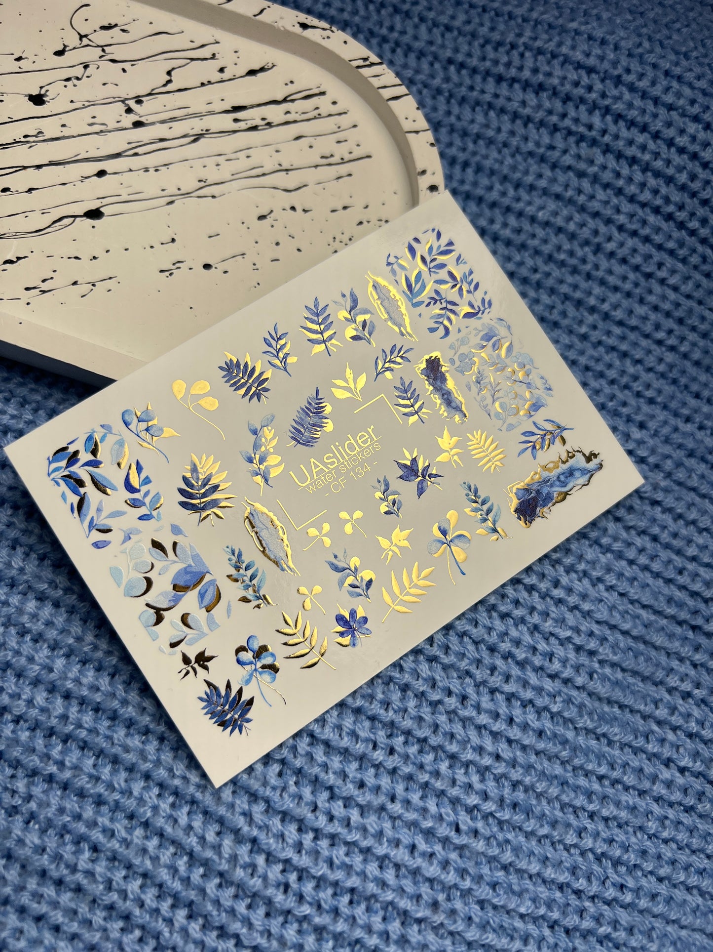 Nail Water Decal CF-134 | Blue Leaf Water Slide Nail Decals | Gold Foil Botanical Design