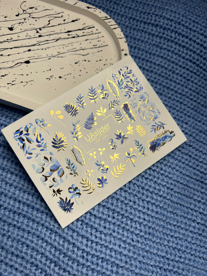 Nail Water Decal CF-134 | Blue Leaf Water Slide Nail Decals | Gold Foil Botanical Design