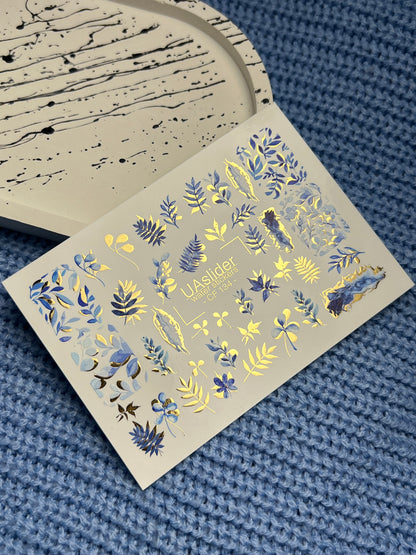Nail Water Decal CF-134 | Blue Leaf Water Slide Nail Decals | Gold Foil Botanical Design