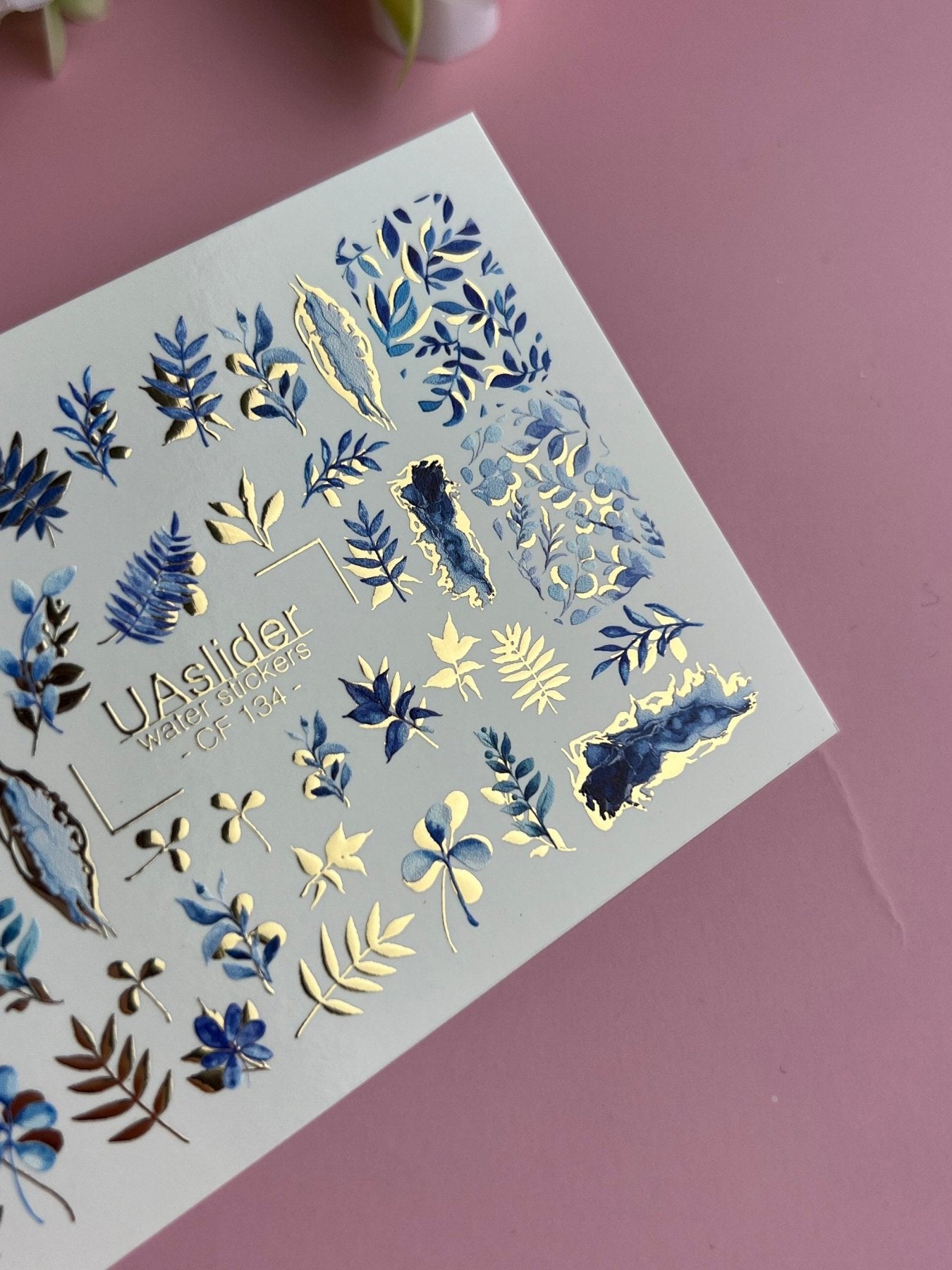 Nail Water Decal CF-134 | Blue Leaf Water Slide Nail Decals | Gold Foil Botanical Design - UASLIDER