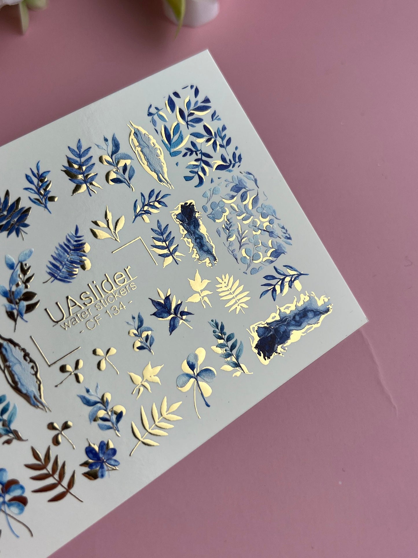 Nail Water Decal CF-134 | Blue Leaf Water Slide Nail Decals | Gold Foil Botanical Design