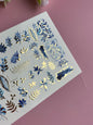 Nail Water Decal CF-134 | Blue Leaf Water Slide Nail Decals | Gold Foil Botanical Design