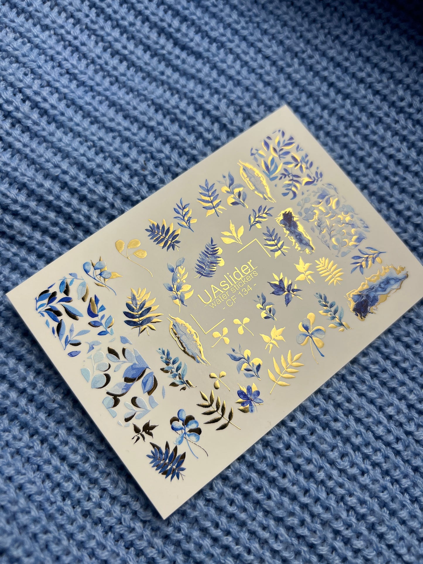 Nail Water Decal CF-134 | Blue Leaf Water Slide Nail Decals | Gold Foil Botanical Design