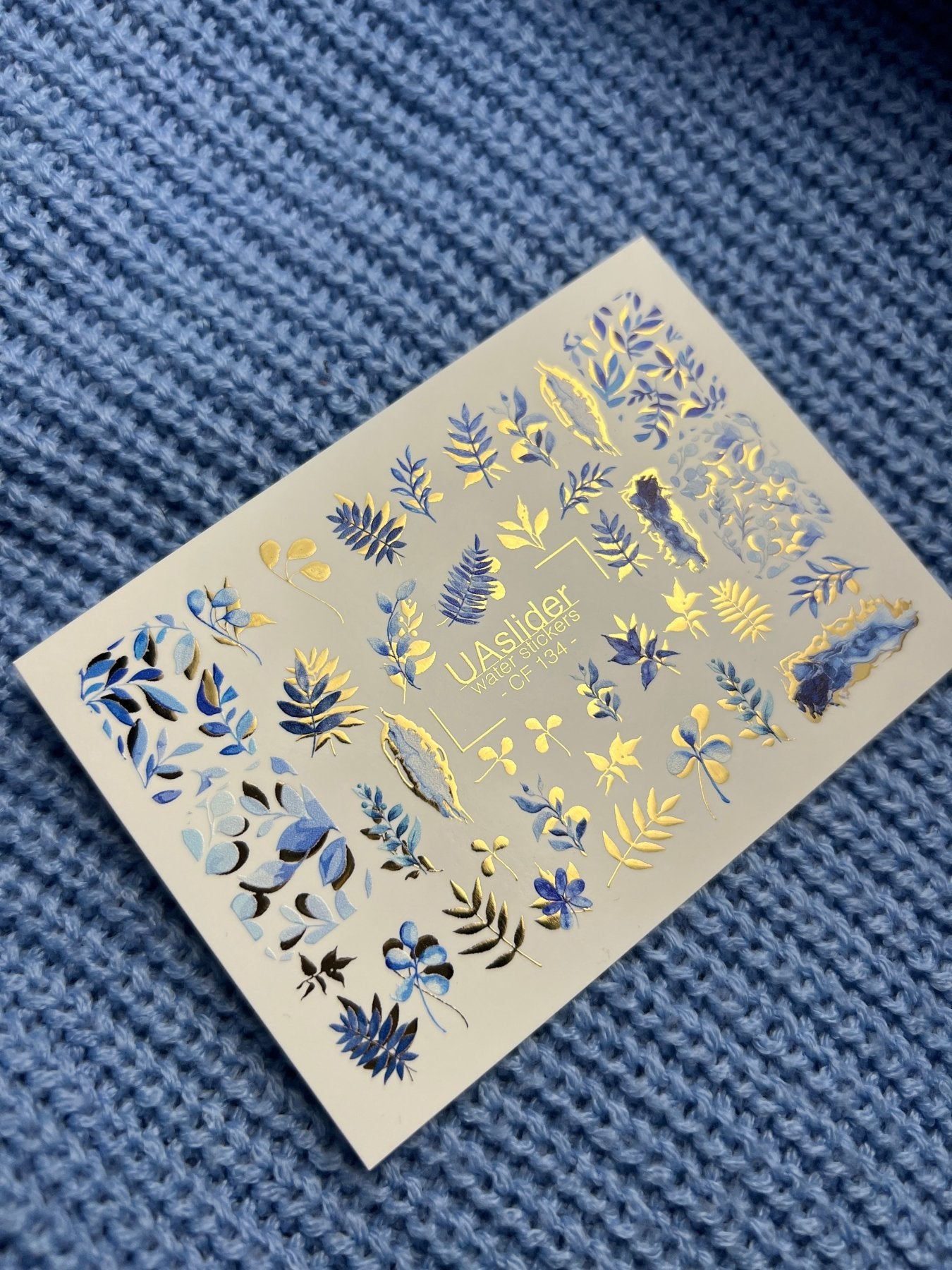 Nail Water Decal CF-134 | Blue Leaf Water Slide Nail Decals | Gold Foil Botanical Design - UASLIDER
