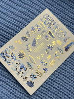 Nail Water Decal CF-134 | Blue Leaf Water Slide Nail Decals | Gold Foil Botanical Design - UASLIDER