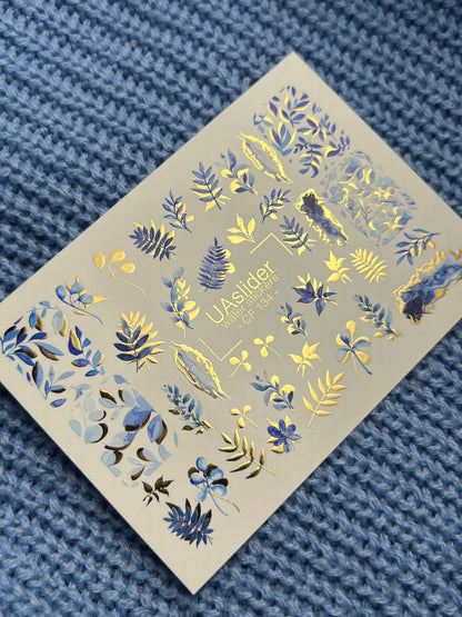 Nail Water Decal CF-134 | Blue Leaf Water Slide Nail Decals | Gold Foil Botanical Design
