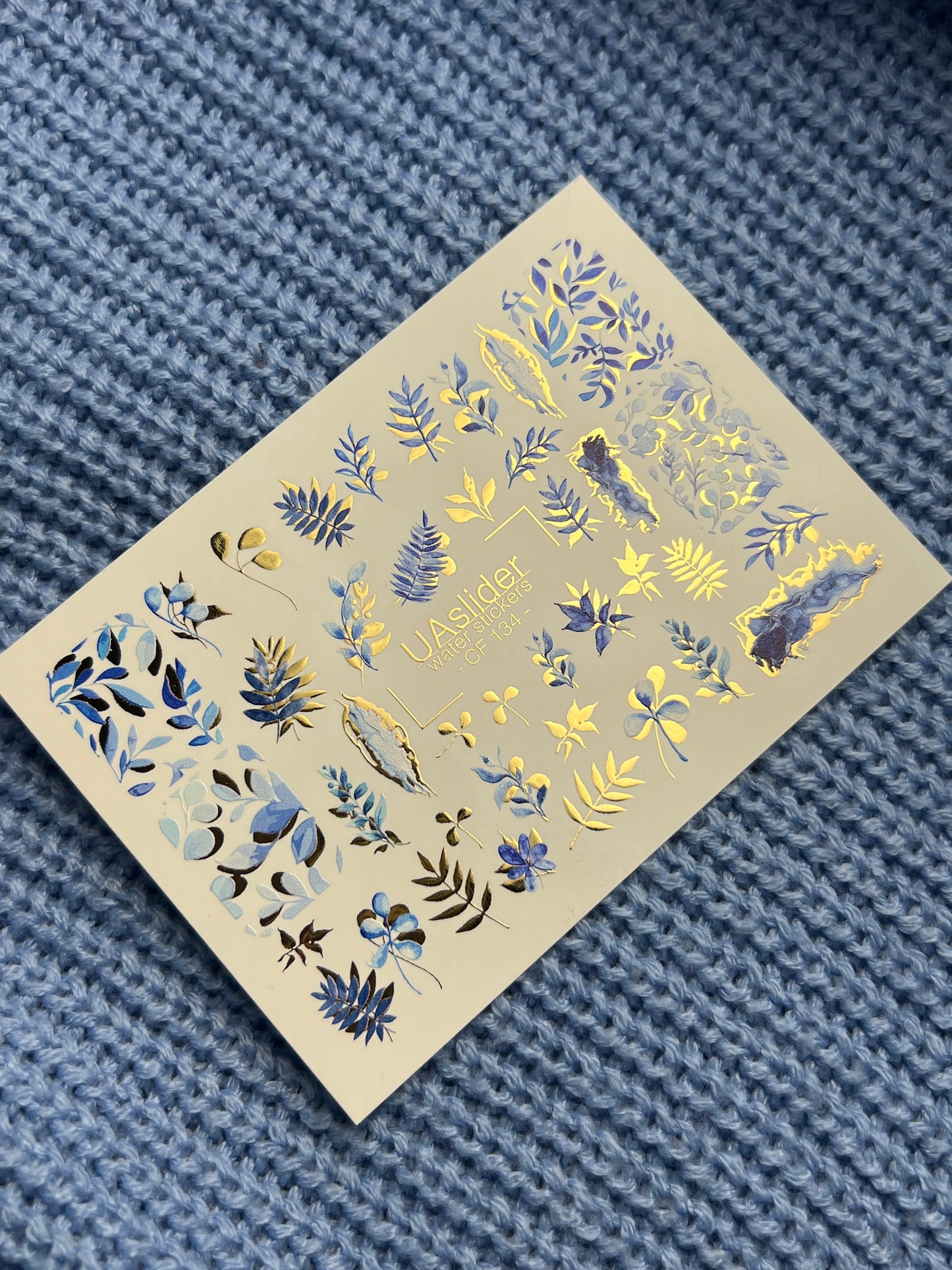 Nail Water Decal CF-134 | Blue Leaf Water Slide Nail Decals | Gold Foil Botanical Design