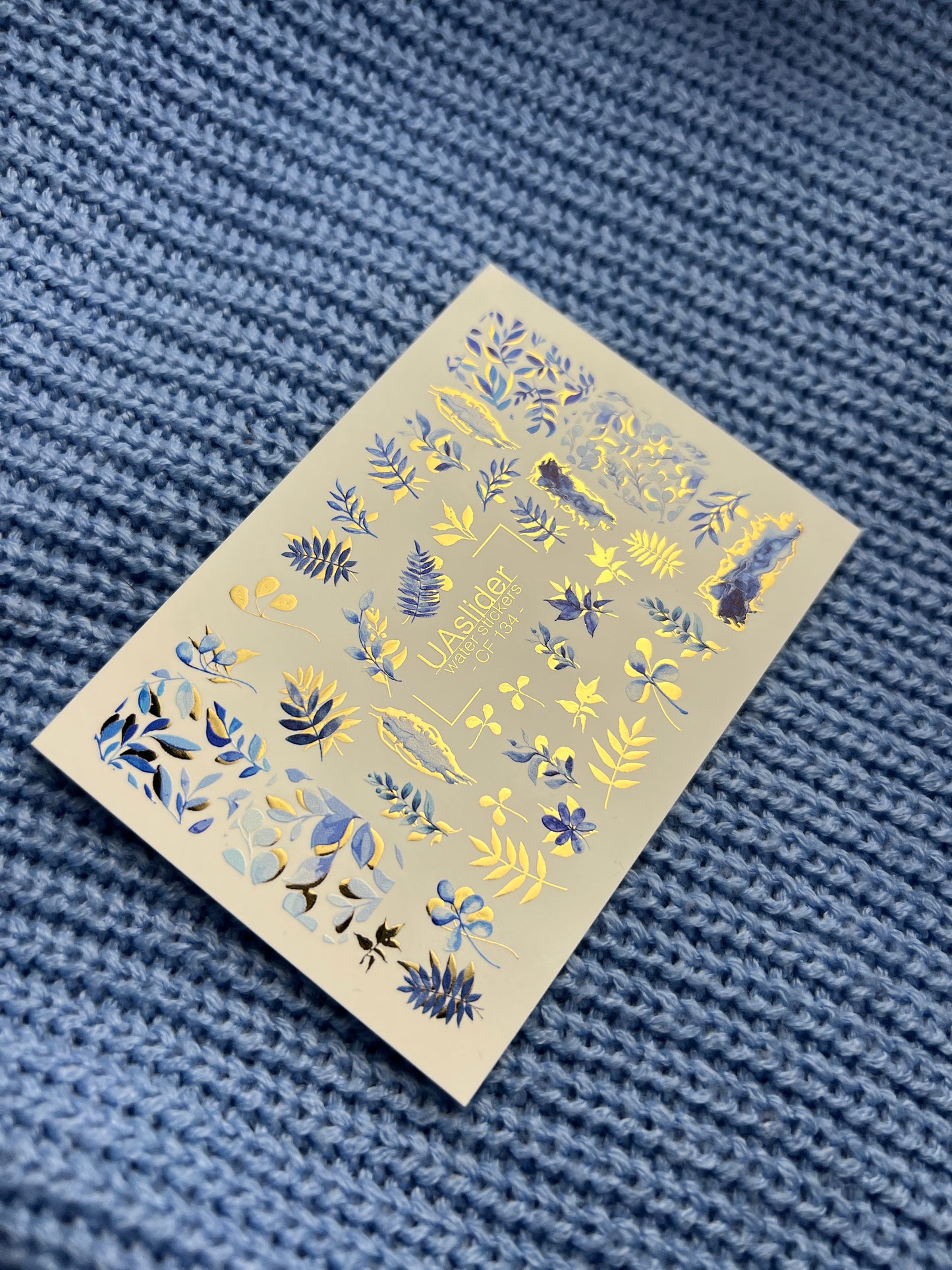 Nail Water Decal CF-134 | Blue Leaf Water Slide Nail Decals | Gold Foil Botanical Design