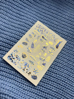 Nail Water Decal CF-134 | Blue Leaf Water Slide Nail Decals | Gold Foil Botanical Design - UASLIDER