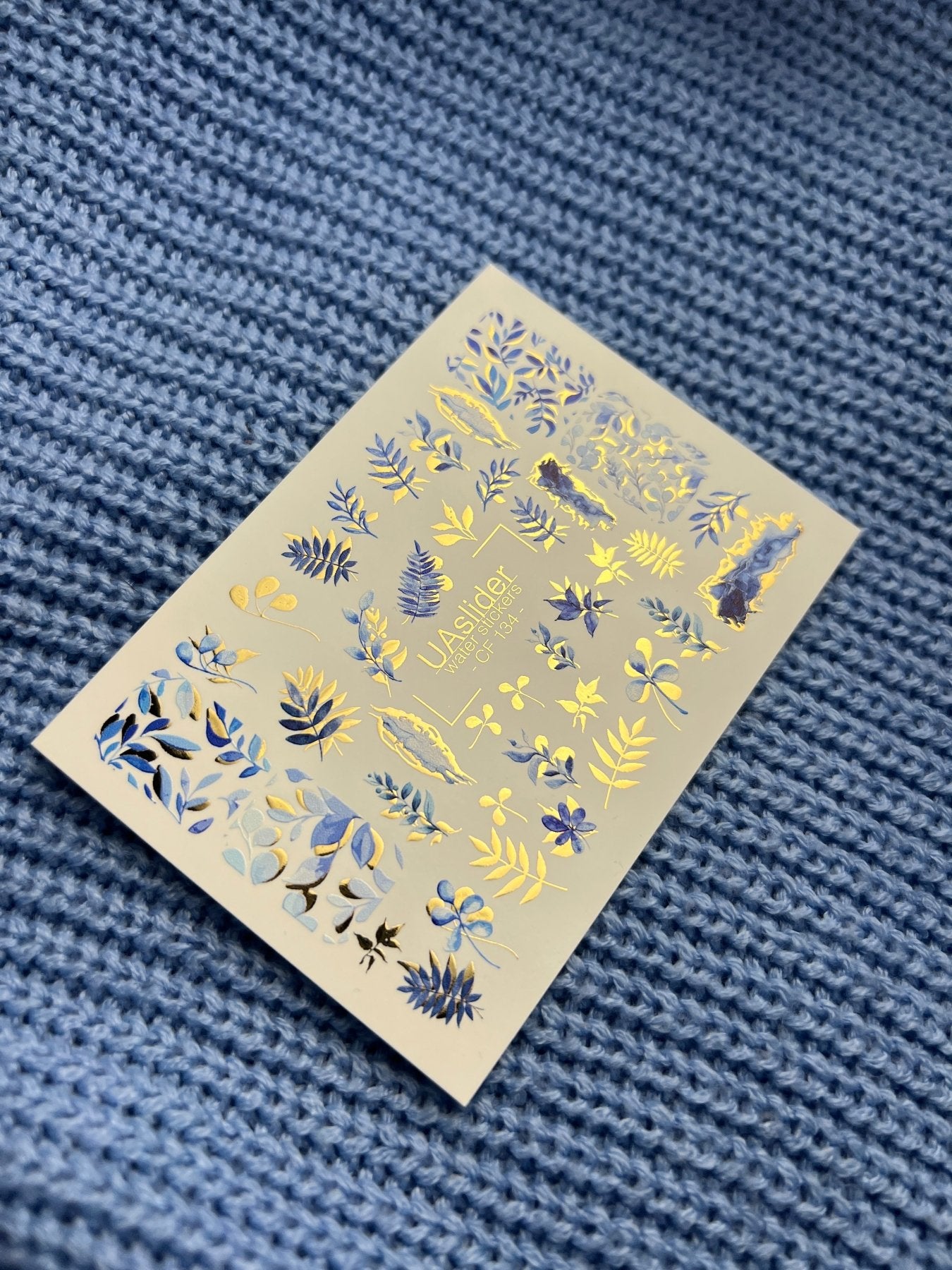 Nail Water Decal CF-134 | Blue Leaf Water Slide Nail Decals | Gold Foil Botanical Design - UASLIDER