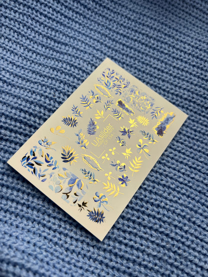 Nail Water Decal CF-134 | Blue Leaf Water Slide Nail Decals | Gold Foil Botanical Design