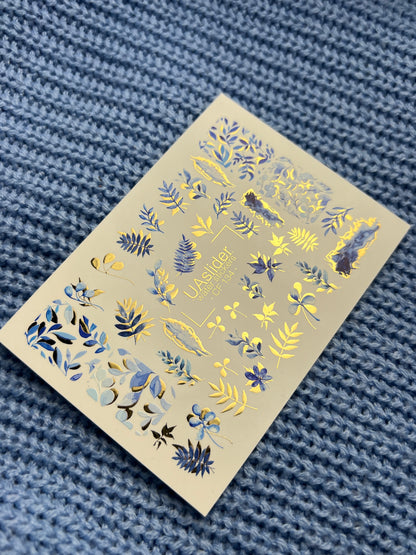 Nail Water Decal CF-134 | Blue Leaf Water Slide Nail Decals | Gold Foil Botanical Design