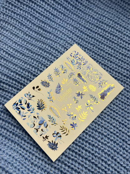 Nail Water Decal CF-134 | Blue Leaf Water Slide Nail Decals | Gold Foil Botanical Design