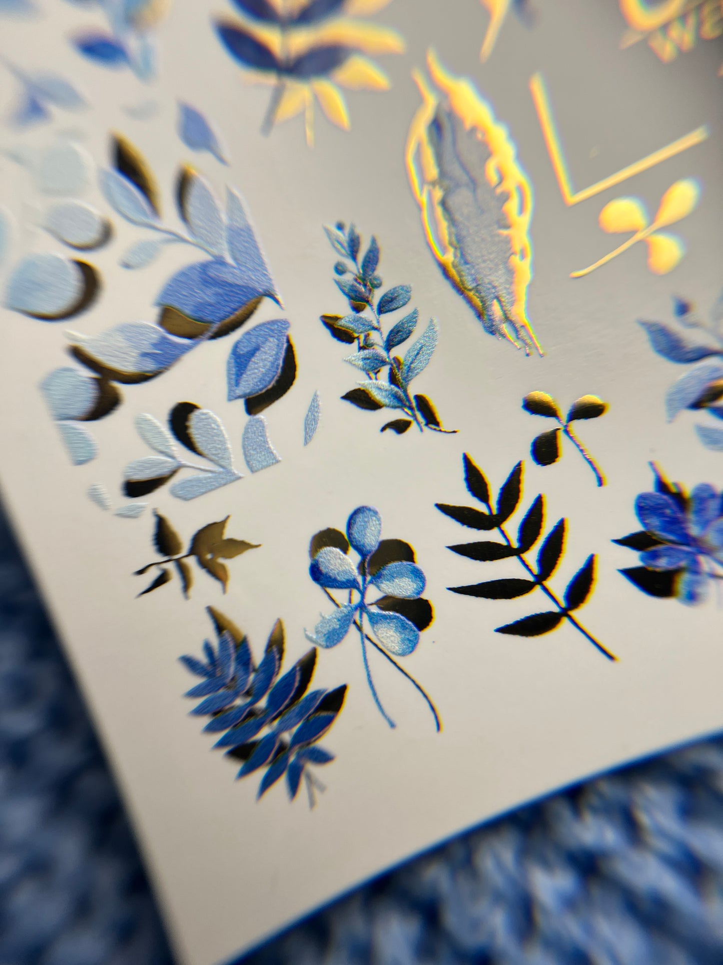 Nail Water Decal CF-134 | Blue Leaf Water Slide Nail Decals | Gold Foil Botanical Design