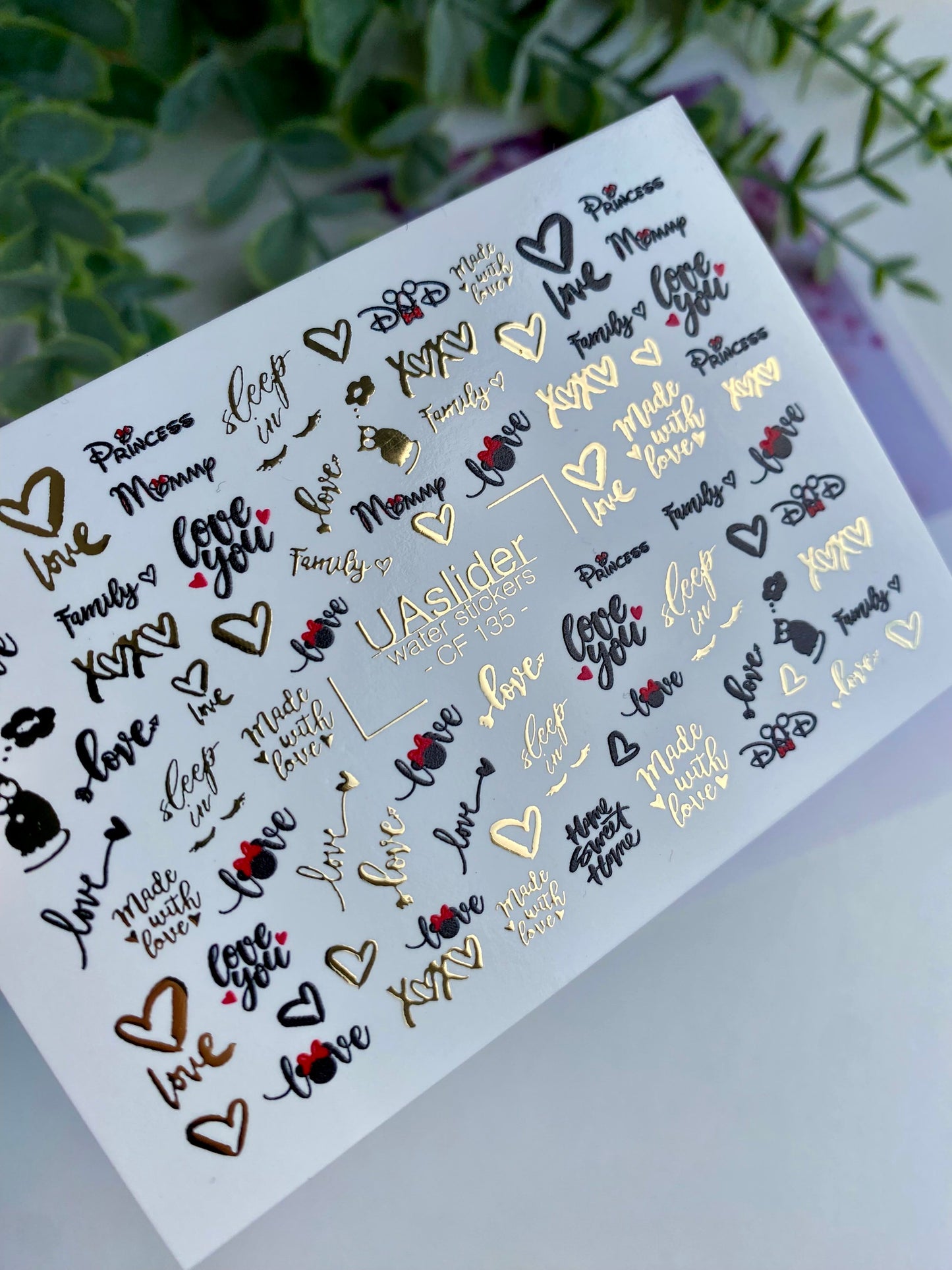 Nálepka na nehty CF-135 | Romantický citát vodní nálepky na nehty | Zlatá fólie srdce a slova lásky