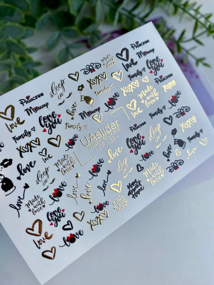 Nálepka na nehty CF-135 | Romantický citát vodní nálepky na nehty | Zlatá fólie srdce a slova lásky