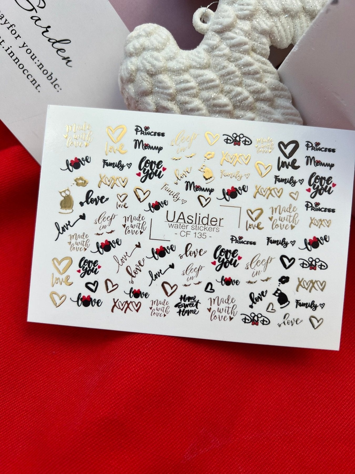 Nail Water Decal CF-135 | Romantic Quote Water Slide Nail Decals | Gold Foil Hearts & Love Words - UASLIDER