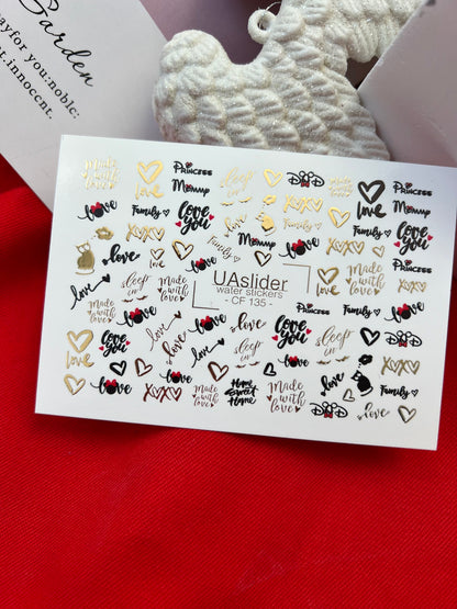 Nálepka na nehty CF-135 | Romantický citát vodní nálepky na nehty | Zlatá fólie srdce a slova lásky