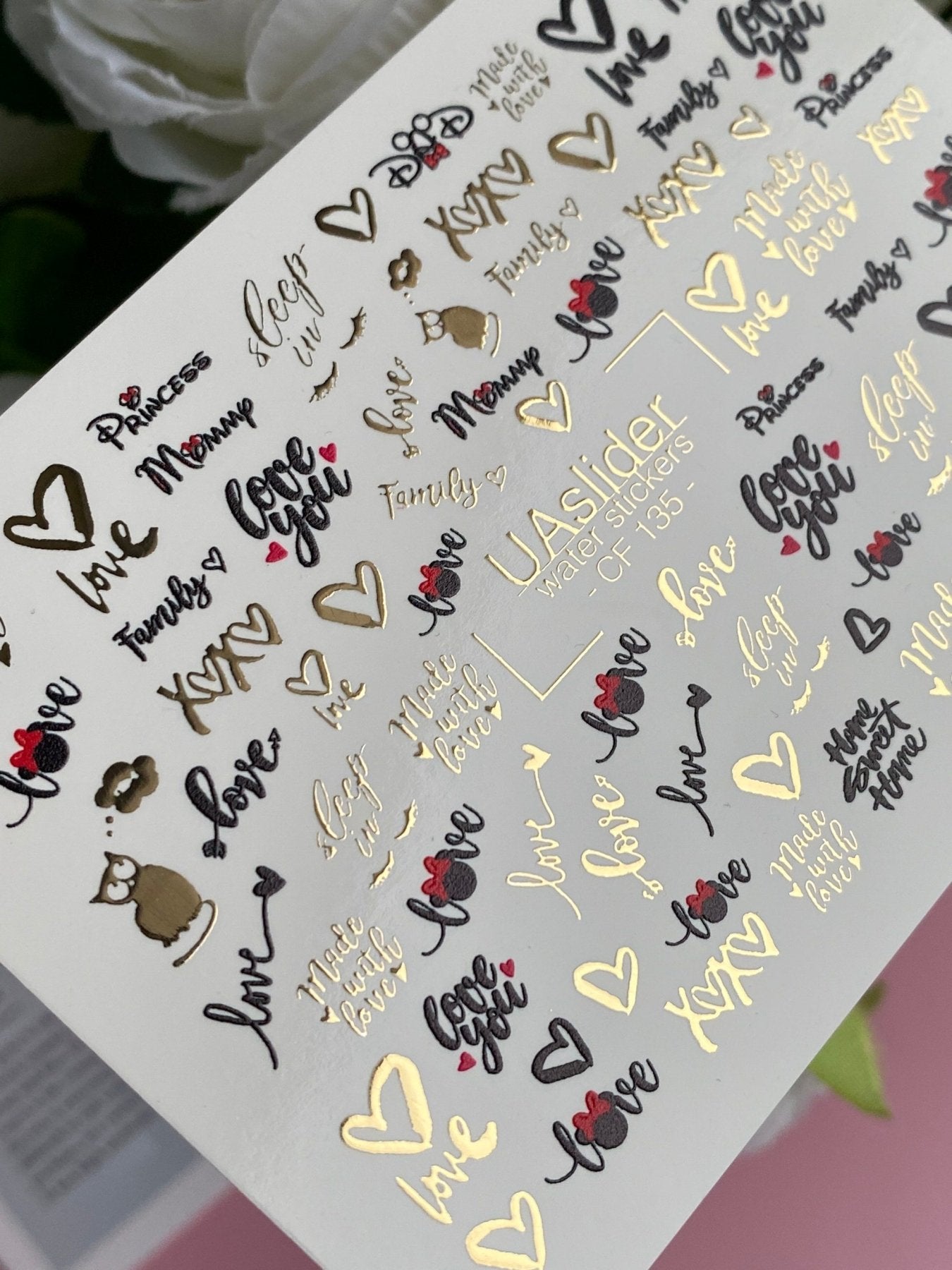 Nail Water Decal CF-135 | Romantic Quote Water Slide Nail Decals | Gold Foil Hearts & Love Words - UASLIDER