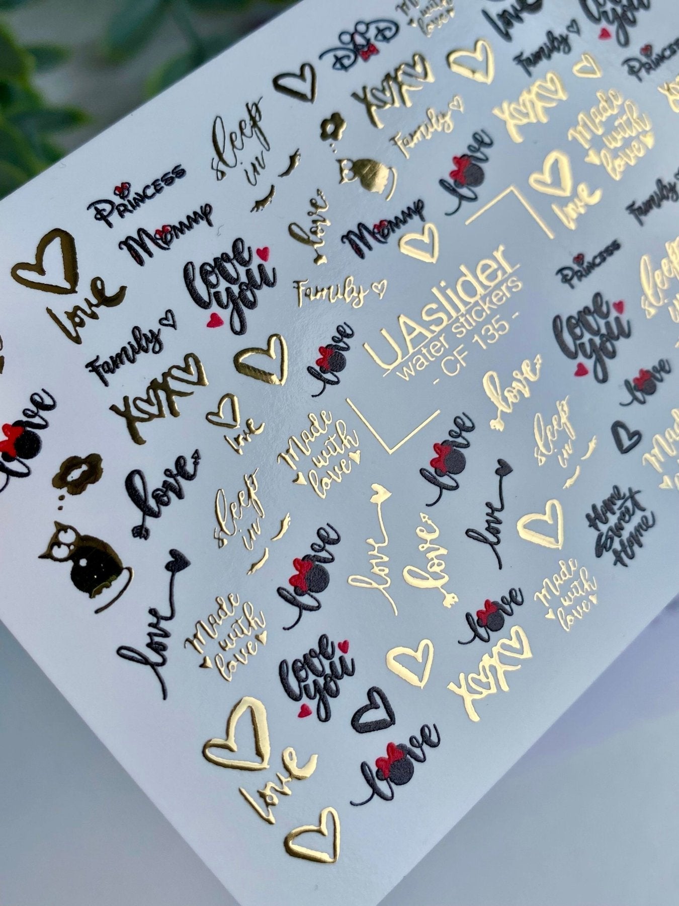 Nail Water Decal CF-135 | Romantic Quote Water Slide Nail Decals | Gold Foil Hearts & Love Words - UASLIDER