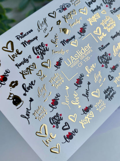 Nálepka na nehty CF-135 | Romantický citát vodní nálepky na nehty | Zlatá fólie srdce a slova lásky